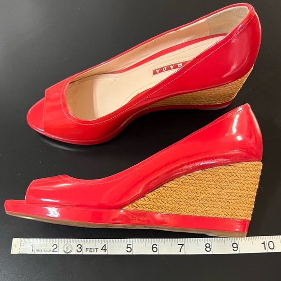 Prada Red Wedges Size 38 Red Patent Leather Peep Toe Espadrilles Made In Italy - Picture 6 of 14
